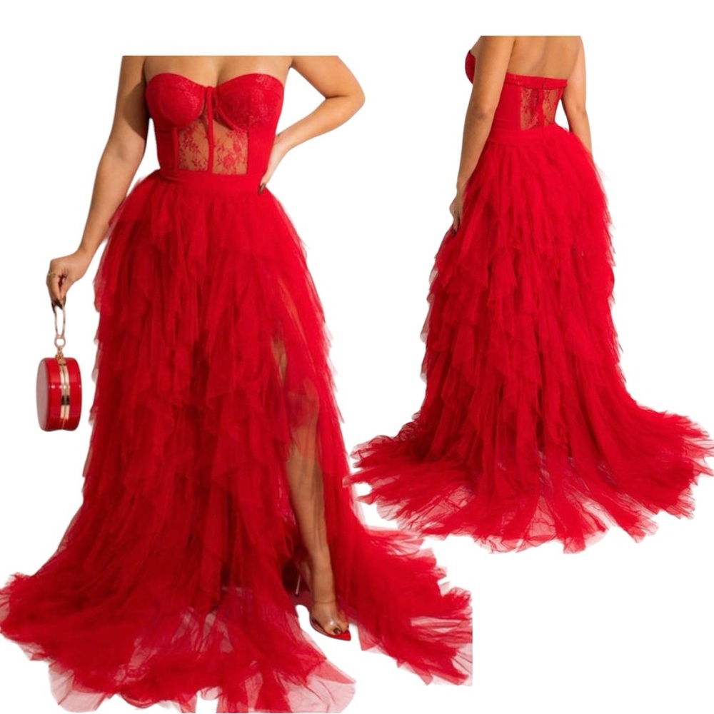 Corset-ruffled red backless prom gown